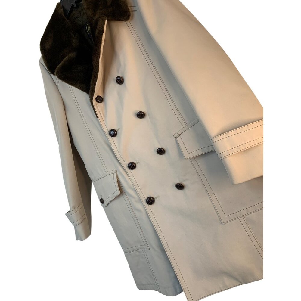 Vintage Clipper Mist Beige Coat Brown Plush Lining Collar Trim Size 40R 9047